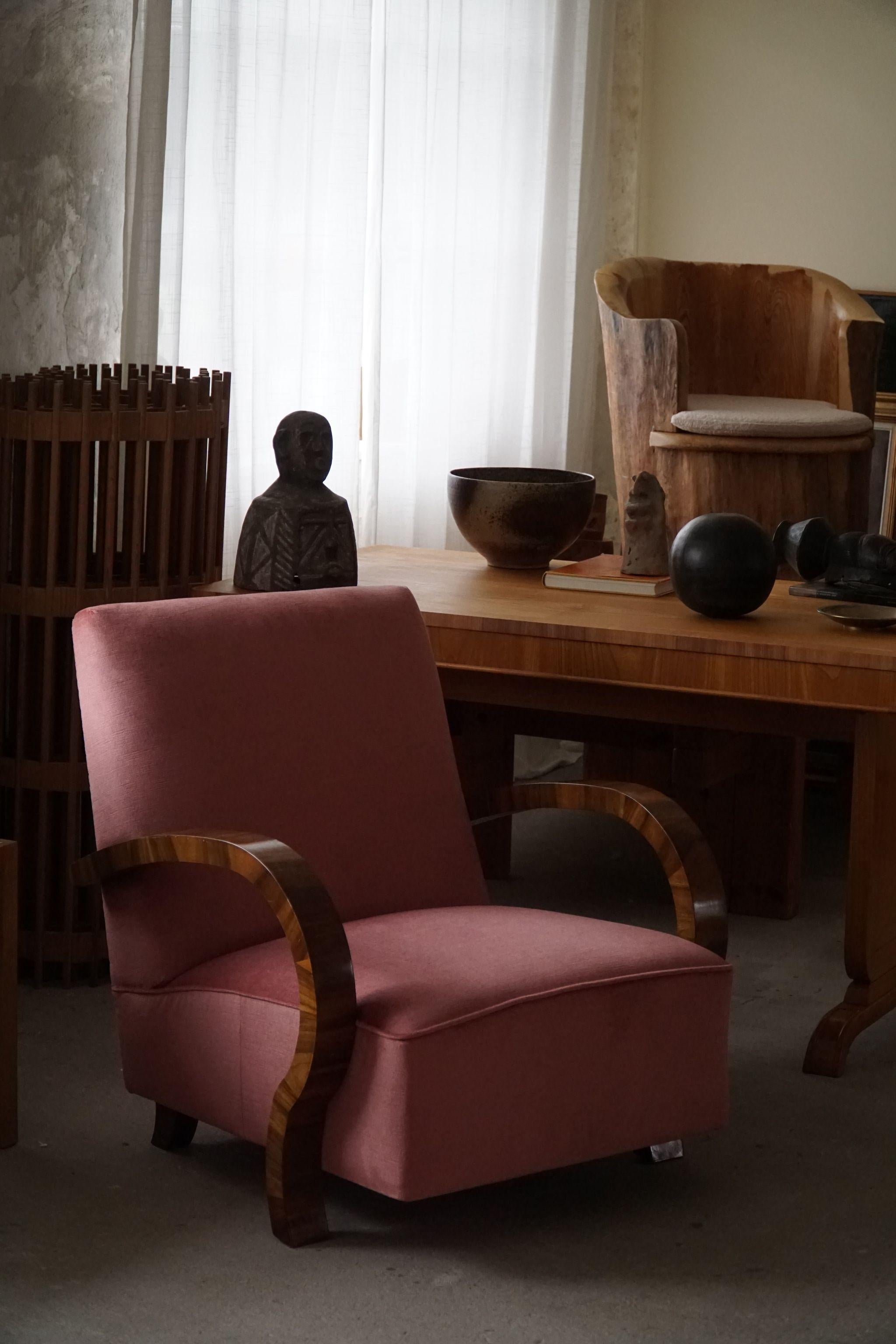 20th Century Pair of Danish Art Deco Lounge Chairs, Reupholstered, Velvet & Walnut, 1930s