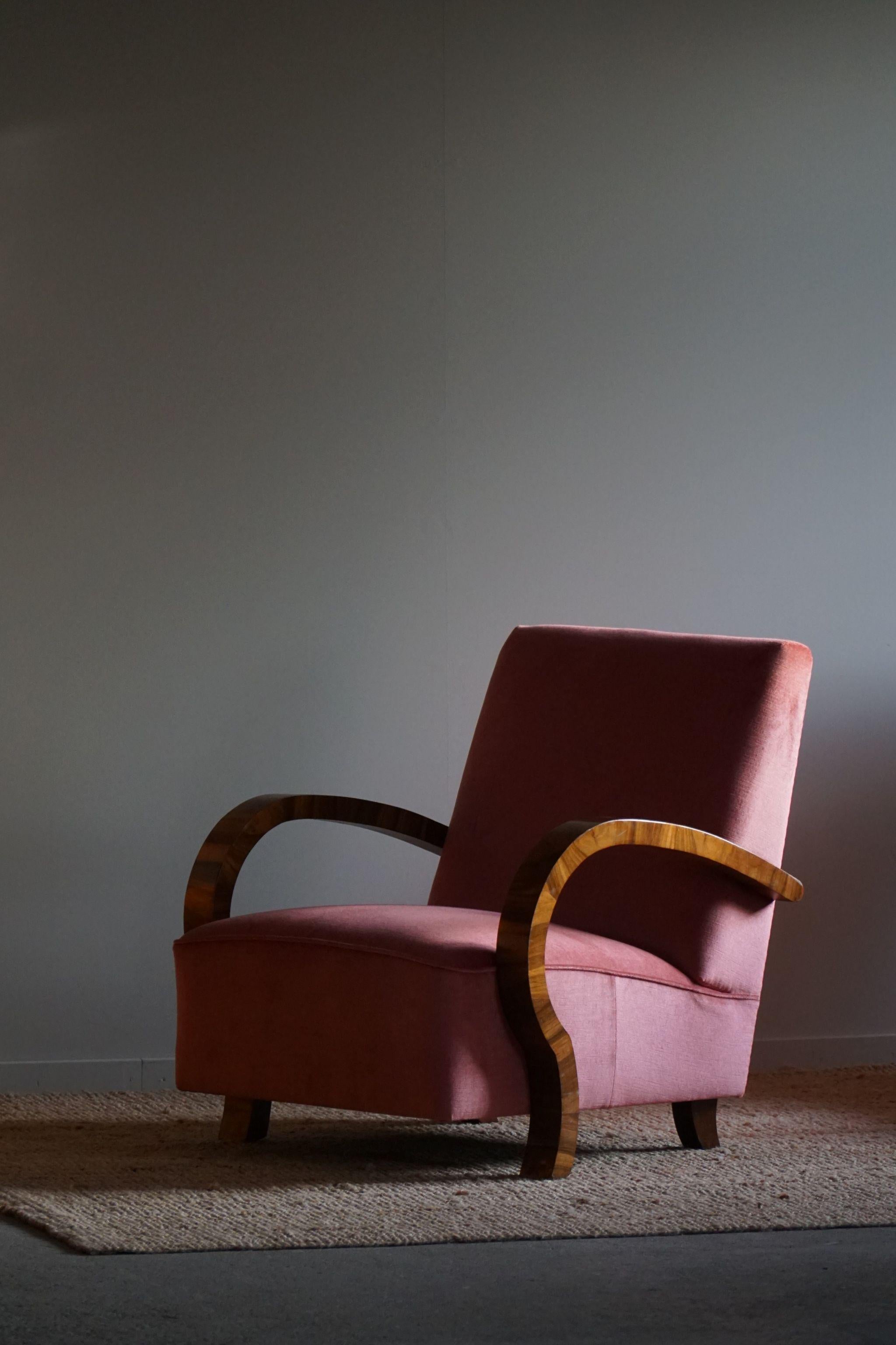Lambskin Pair of Danish Art Deco Lounge Chairs, Reupholstered, Velvet & Walnut, 1930s