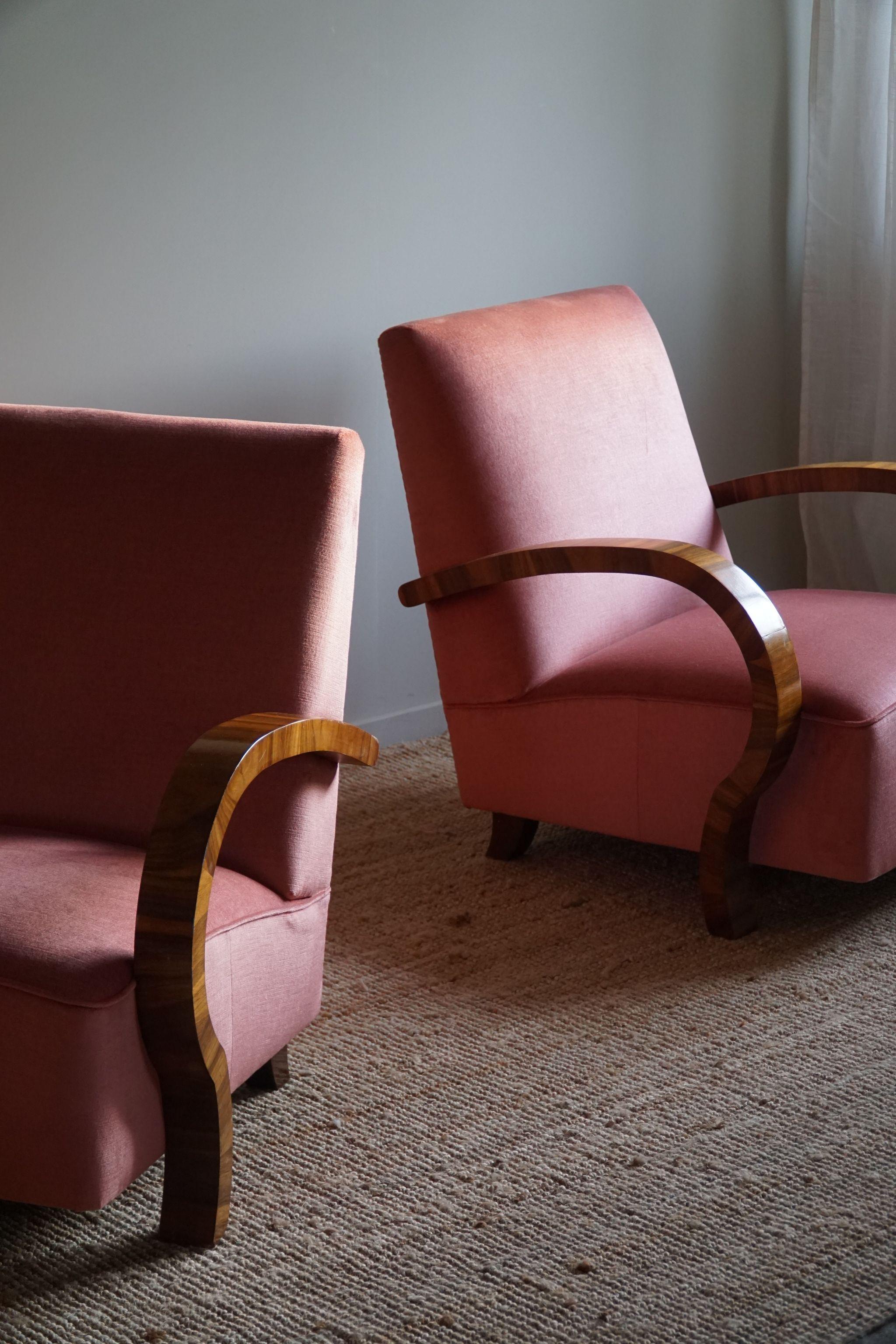 Pair of Danish Art Deco Lounge Chairs, Reupholstered, Velvet & Walnut, 1930s 2