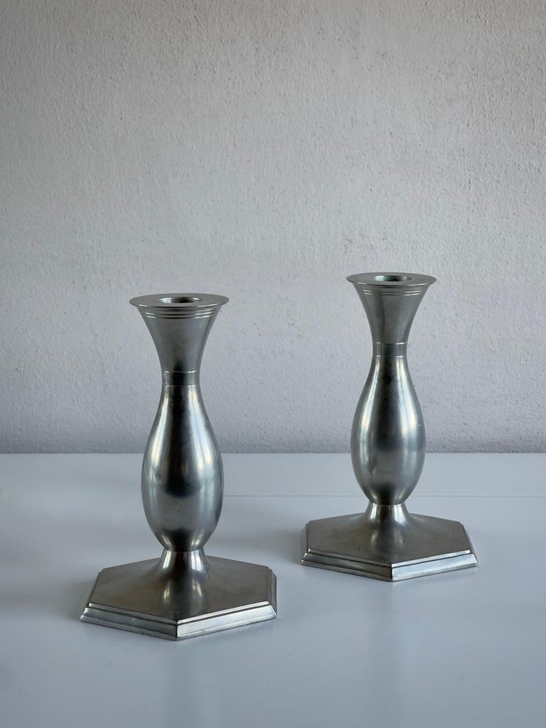 Danish Pair of danish art deco metal candlesticks by sculptor Just Andersen. 1920s For Sale