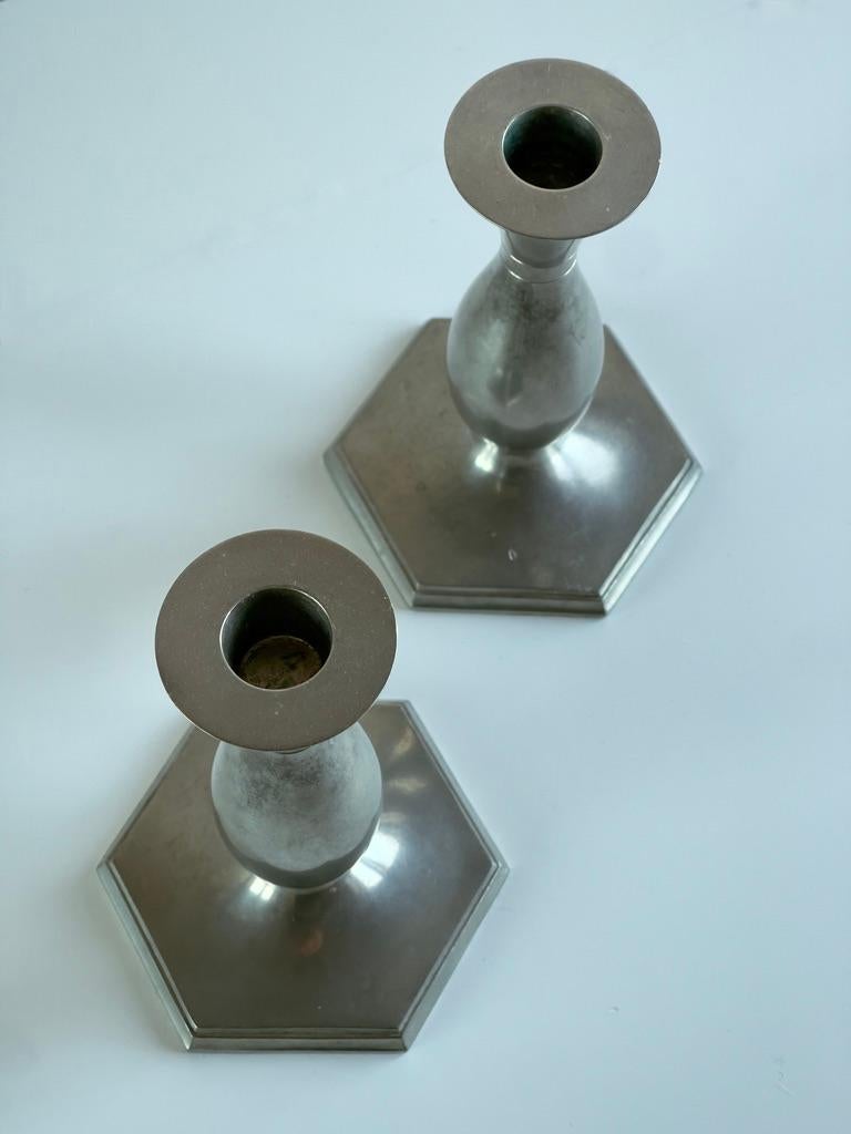 Pair of danish art deco metal candlesticks by sculptor Just Andersen. 1920s In Good Condition For Sale In København K, 84