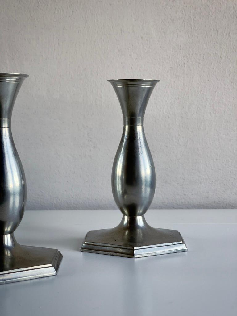 Early 20th Century Pair of danish art deco metal candlesticks by sculptor Just Andersen. 1920s For Sale