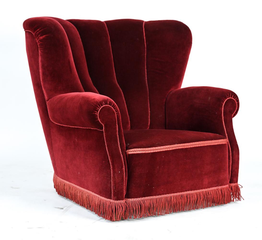 Pair of Danish Art Deco Red Velvet Club Chairs 12