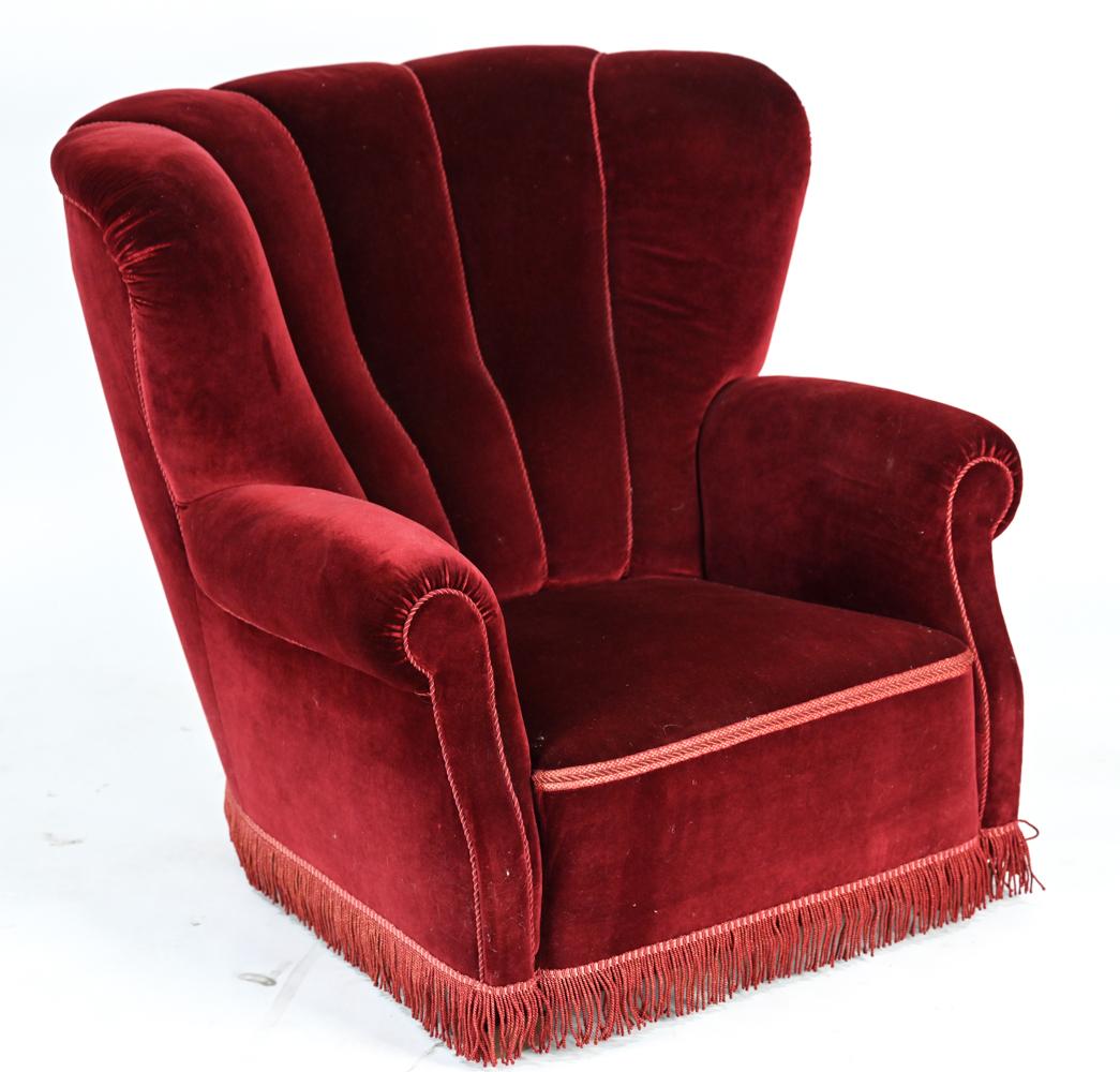Pair of Danish Art Deco Red Velvet Club Chairs 13