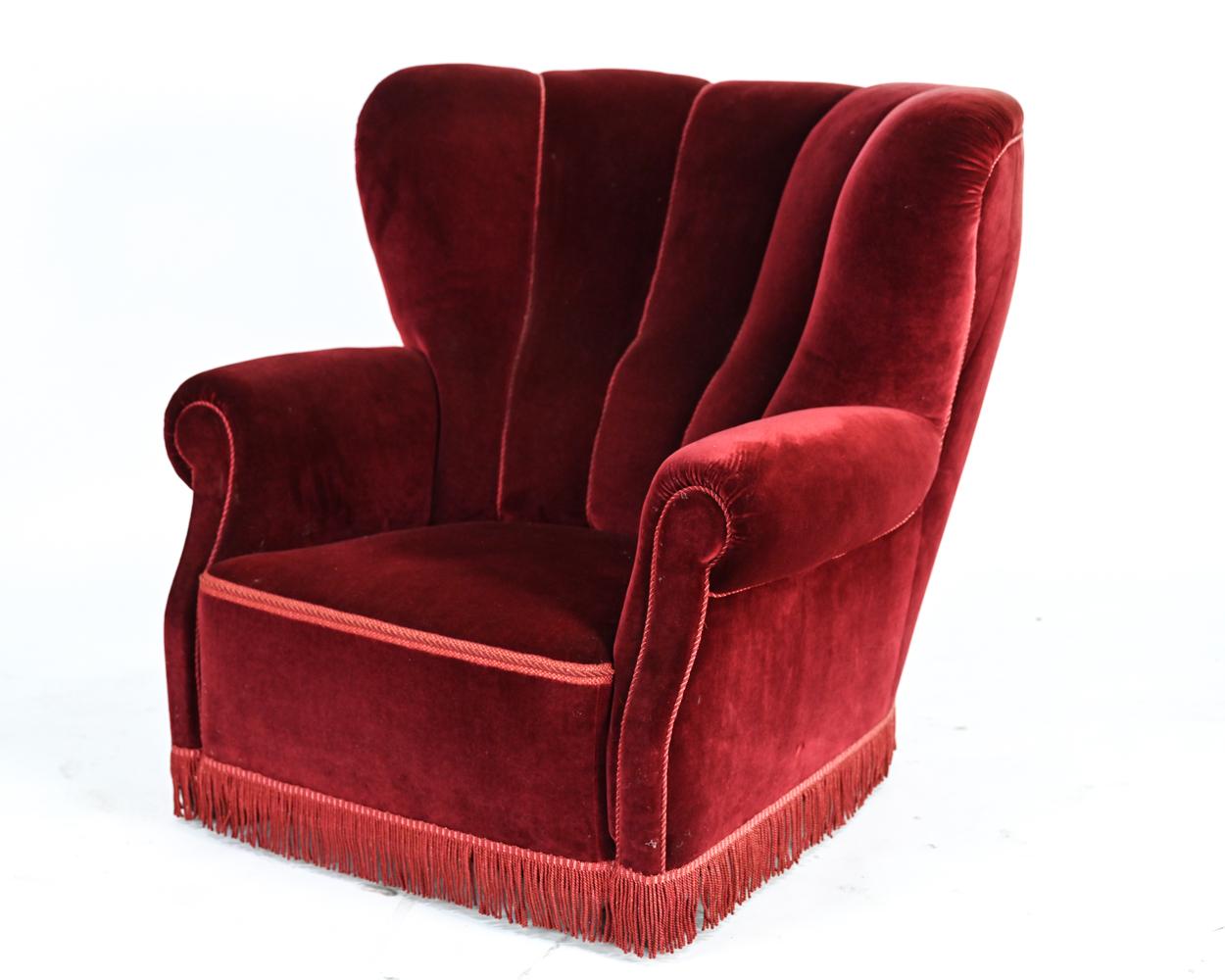 Pair of Danish Art Deco Red Velvet Club Chairs 4