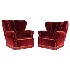 Pair of Danish Art Deco Red Velvet Club Chairs