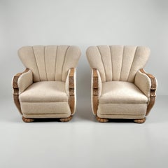 Pair Of Danish Art Deco Scallop Armchairs, Upholstered In Italian Sherpa Wool