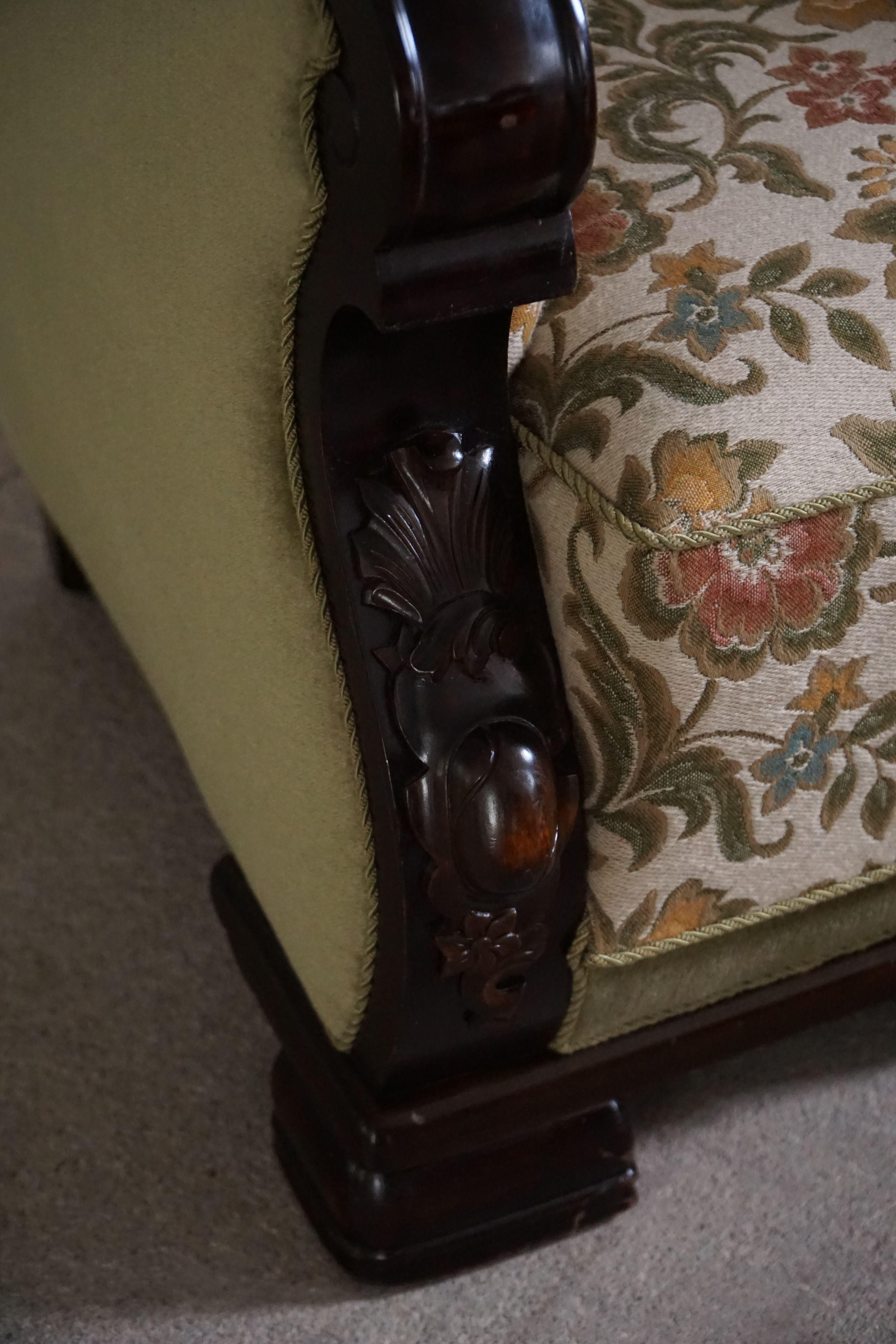 Velvet Pair of Danish Art Nouveau Easy Chairs in Floral Embroidered Velour, 1920s For Sale