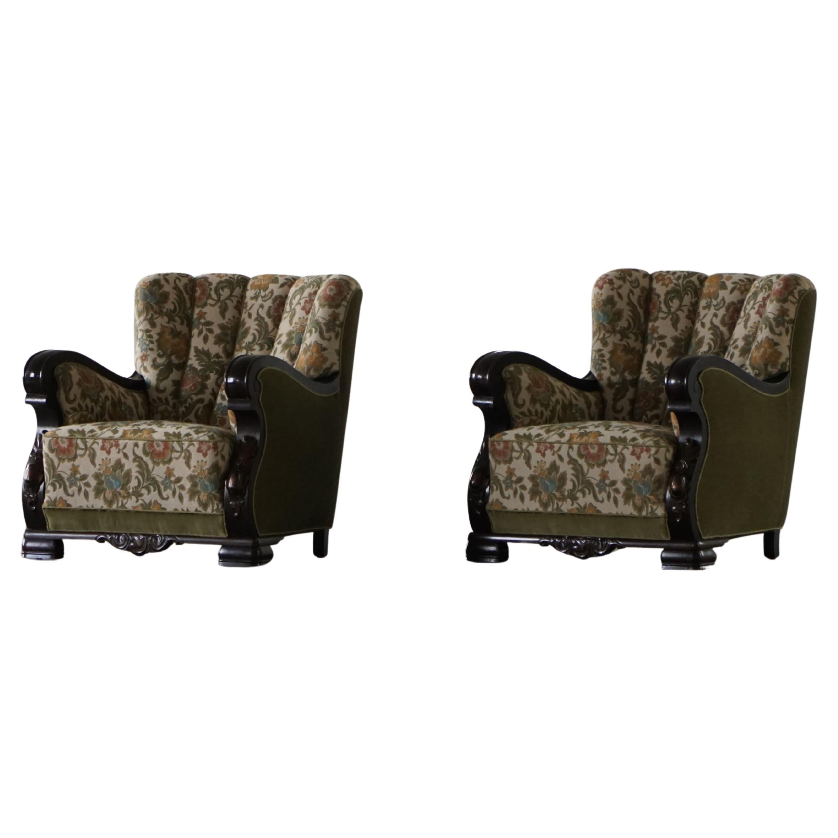 Pair of Danish Art Nouveau Easy Chairs in Floral Embroidered Velour, 1920s For Sale