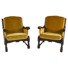 Pair of Danish Arts & Crafts Carved Oak & Mohair Lounge Chairs, c. 1970's