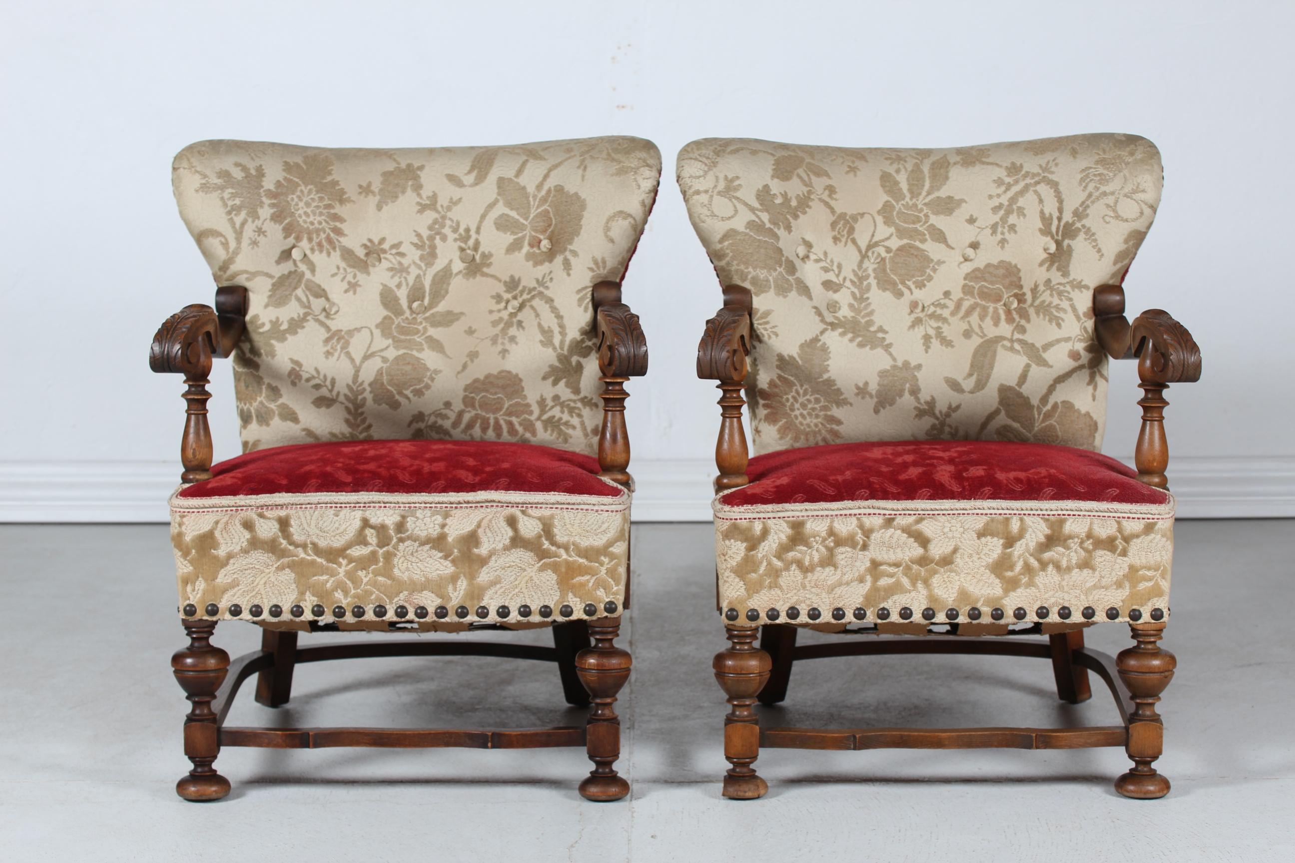 Pair of Danish Art Deco Authentic Lounge Chairs 1940s of Solid Oak Brutalist For Sale 9