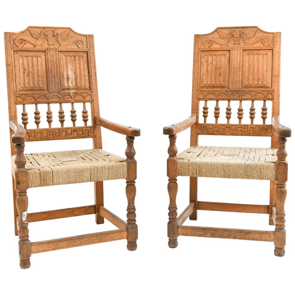 Pair of Danish Baroque Carved Oak Armchairs