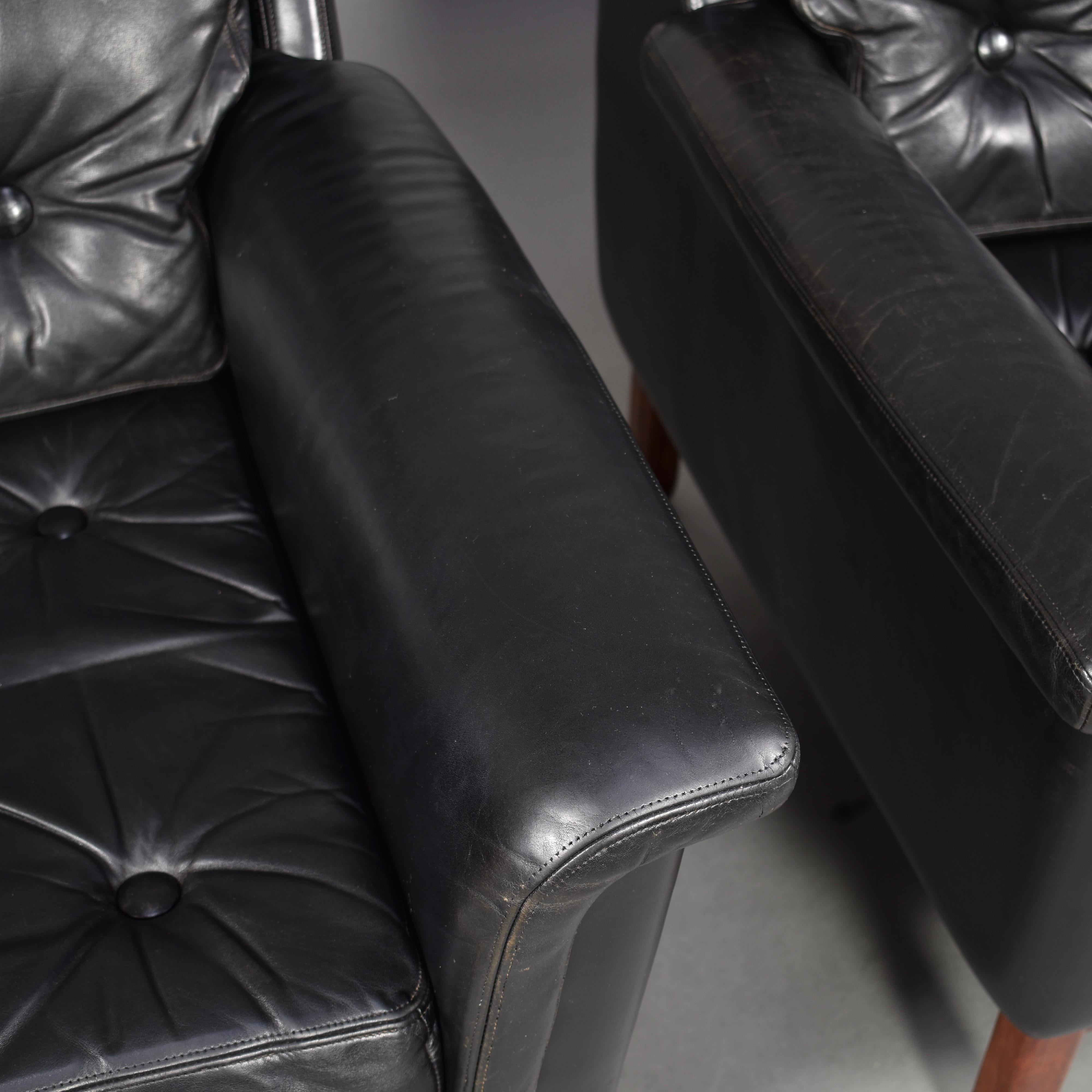 Pair of Danish Black Leather Club Lounge Chairs, circa 1950 9