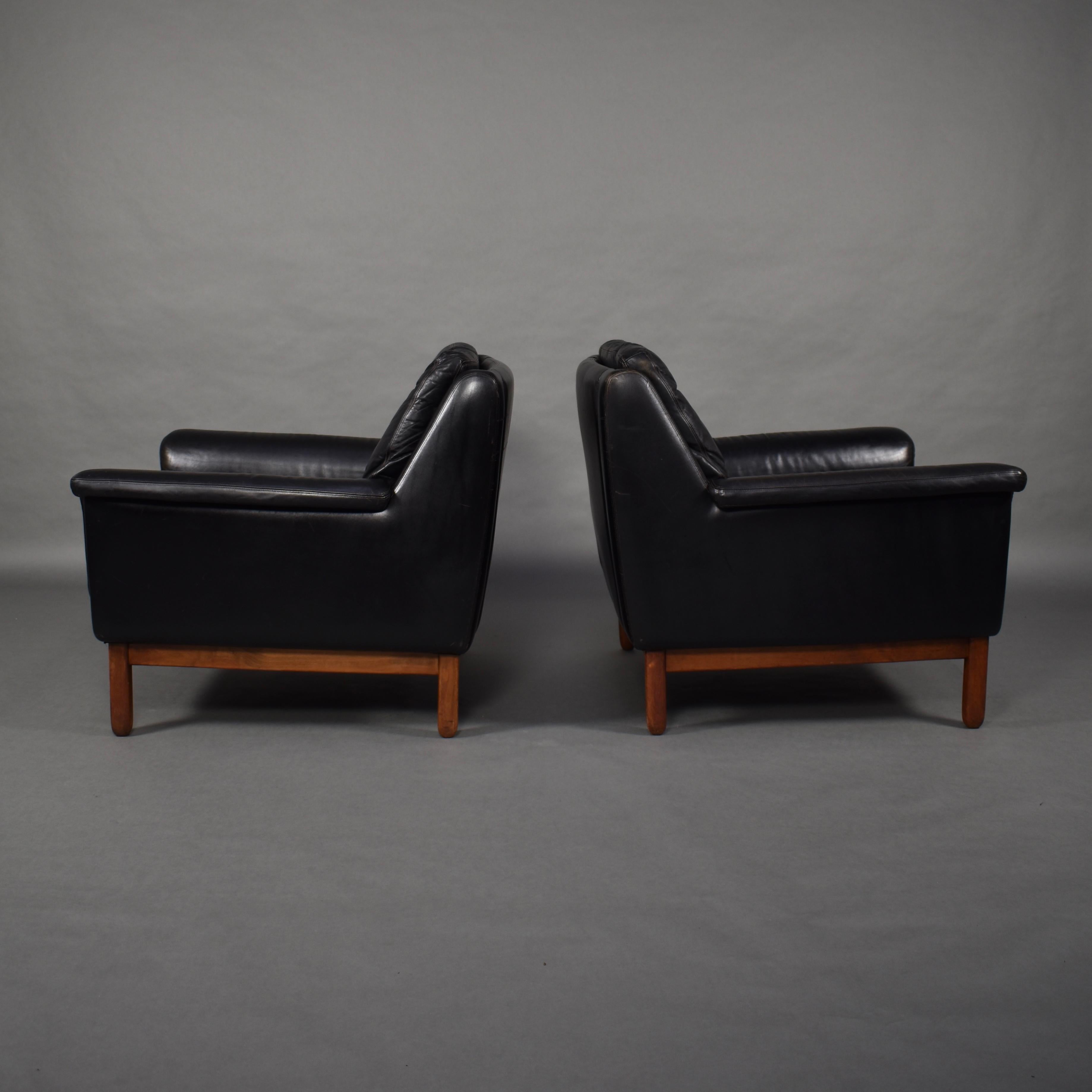 Mid-20th Century Pair of Danish Black Leather Club Lounge Chairs, circa 1950