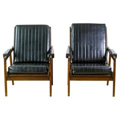 Pair of Danish Black Skai Lounge Chairs W/ Dark Tone Wood Frame