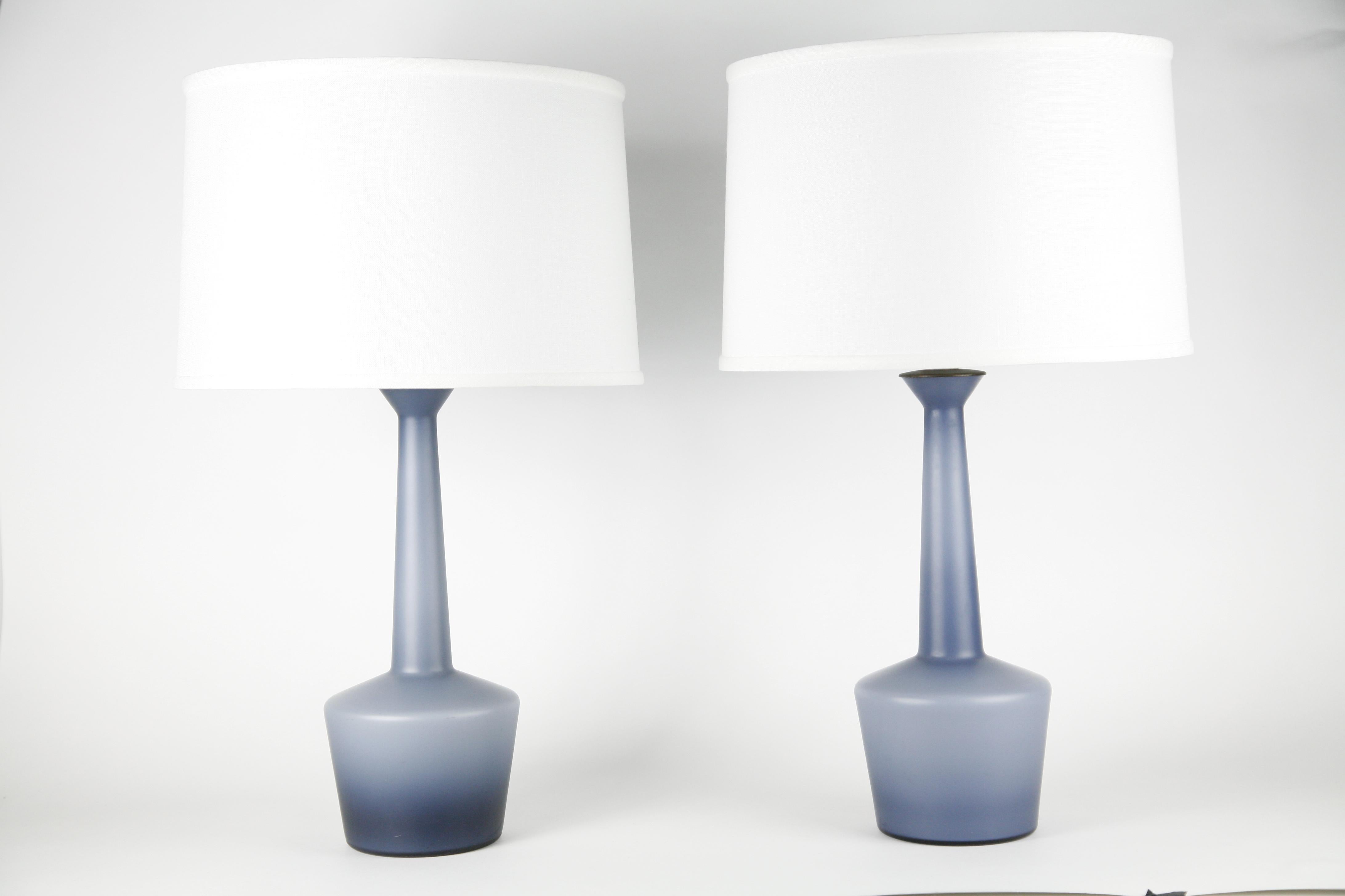 Mid-Century Modern Pair of Danish Blue Kastrup Opaline Glass Lamps, Denmark, 1960 For Sale