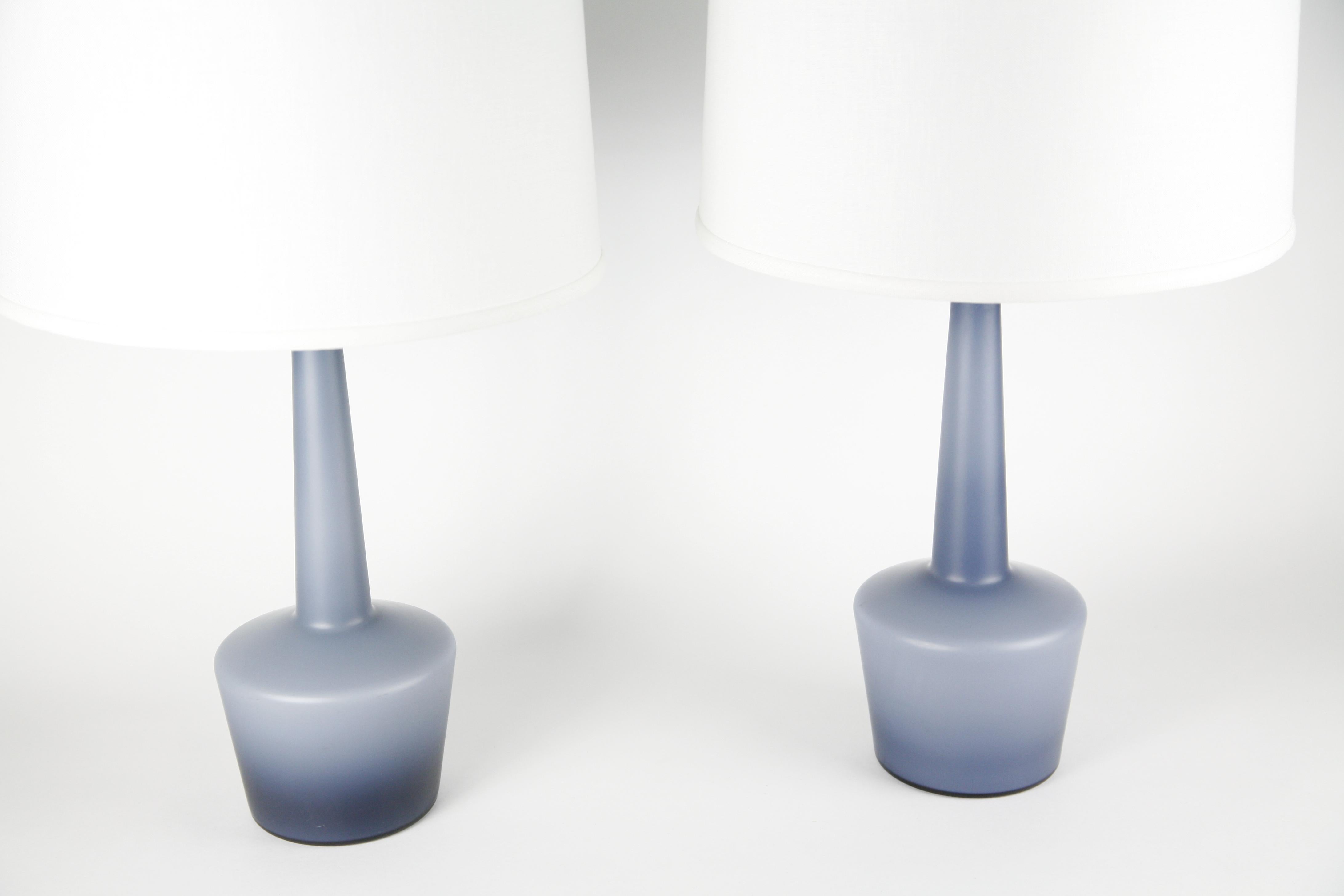 Frosted Pair of Danish Blue Kastrup Opaline Glass Lamps, Denmark, 1960 For Sale