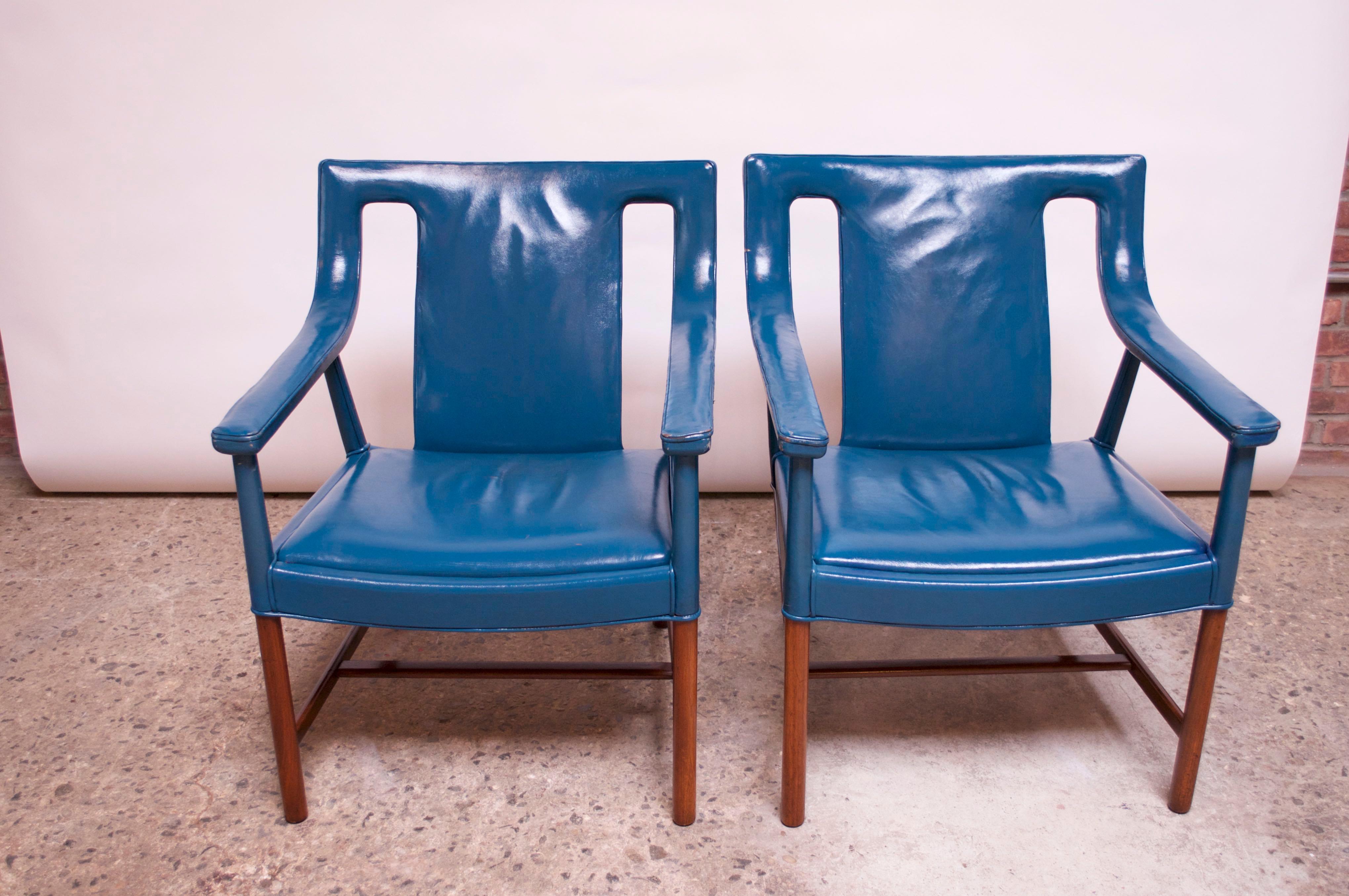 Pair of Danish Blue Leather Armchairs by Ejner Larsen and Aksel Bender Madsen 1
