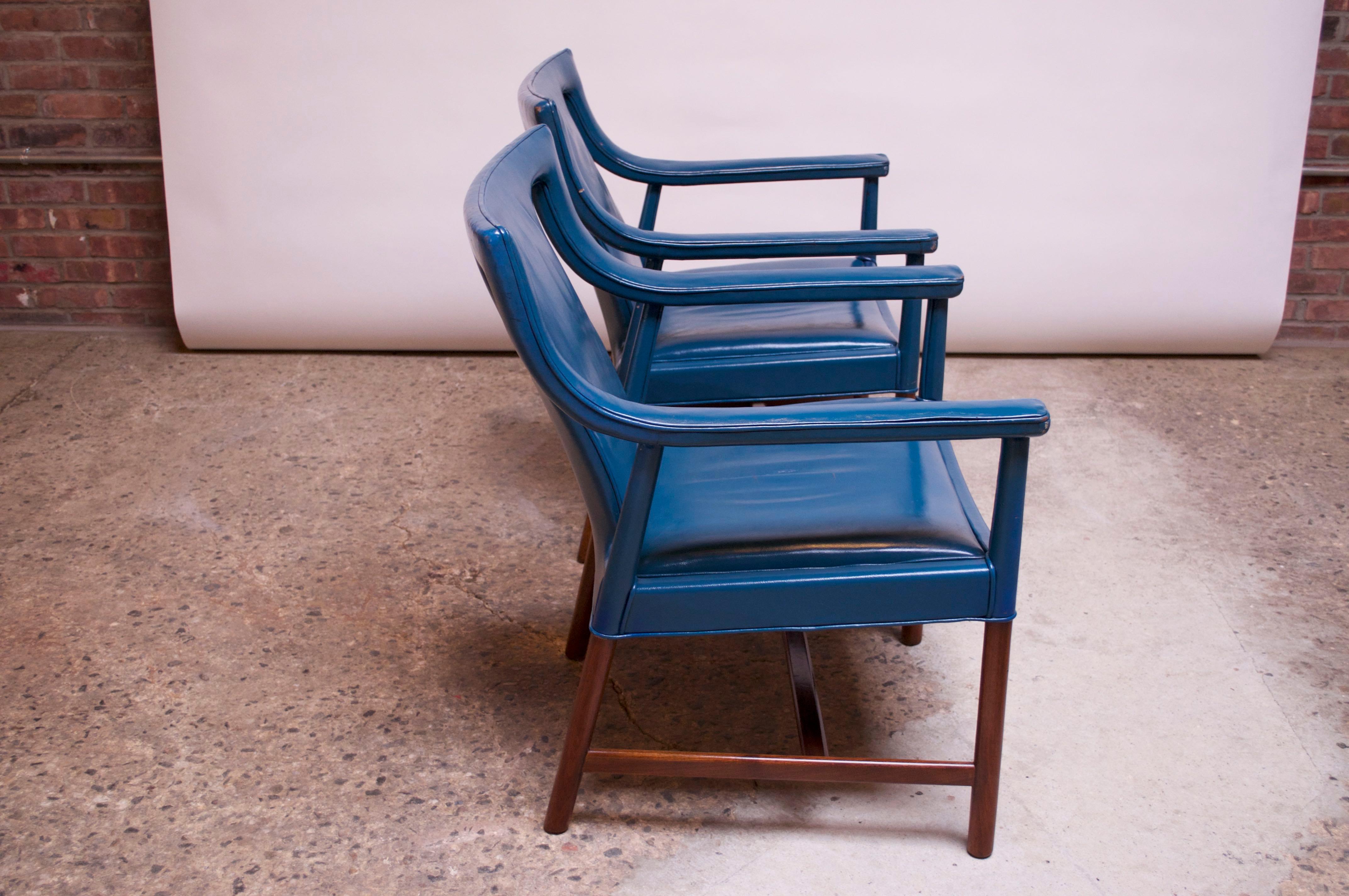Pair of Danish Blue Leather Armchairs by Ejner Larsen and Aksel Bender Madsen 2