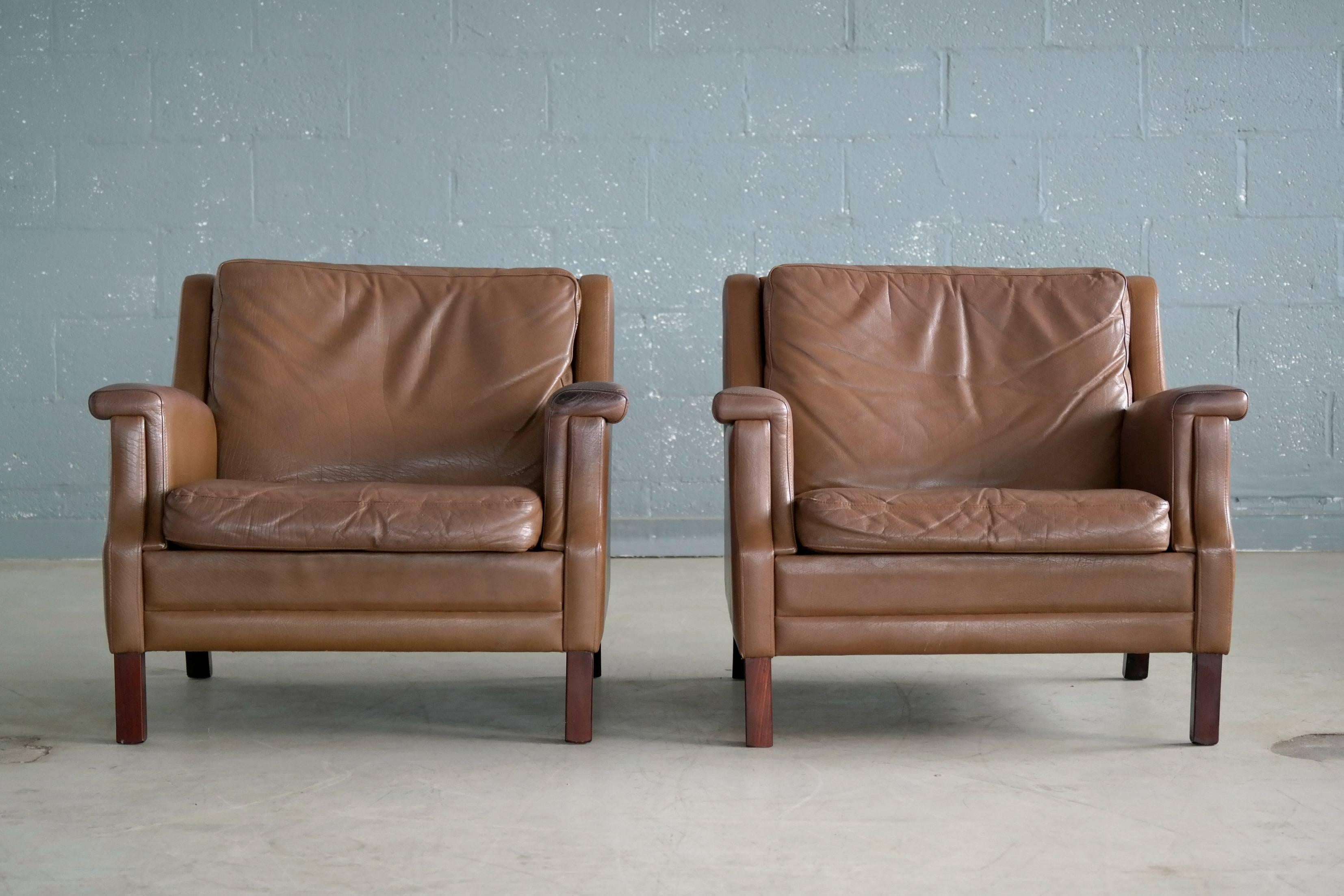 Mid-Century Modern Pair of Danish Borge Mogensen Style Midcentury Easy Chairs in Brown Leather