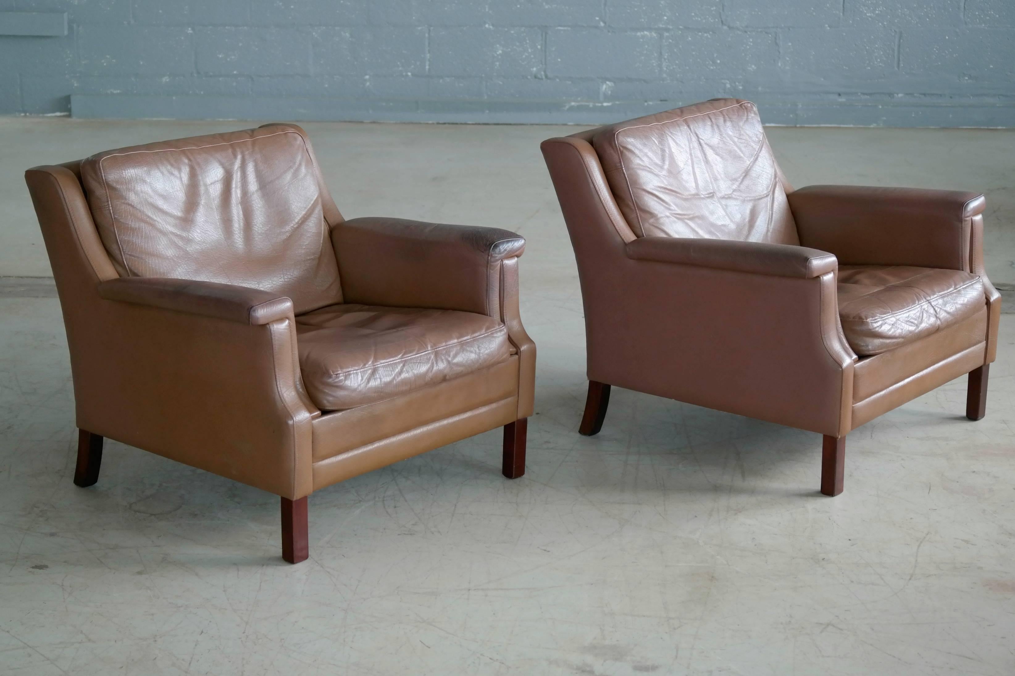 Mid-20th Century Pair of Danish Borge Mogensen Style Midcentury Easy Chairs in Brown Leather