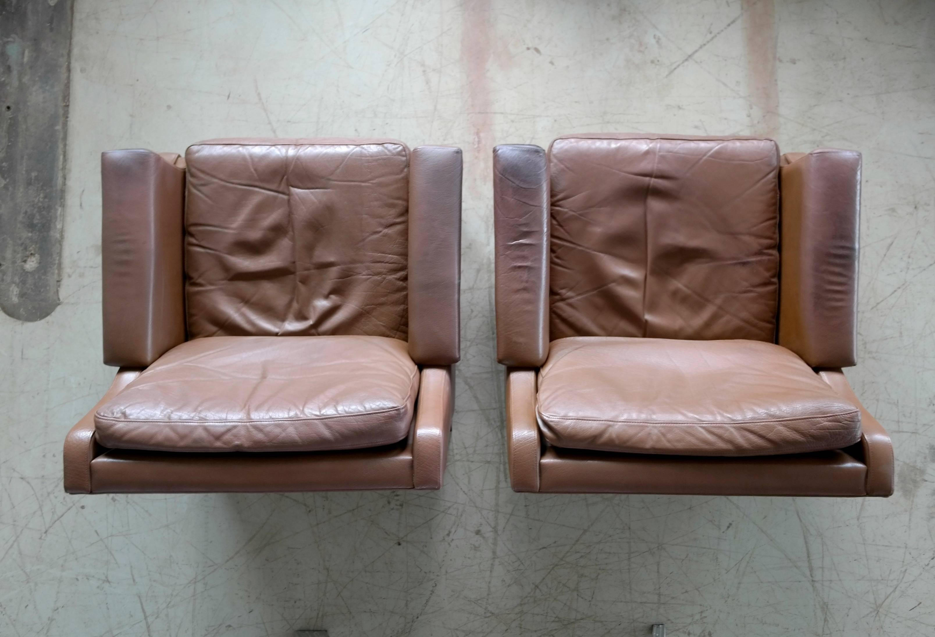 Pair of Danish Borge Mogensen Style Midcentury Easy Chairs in Brown Leather 2