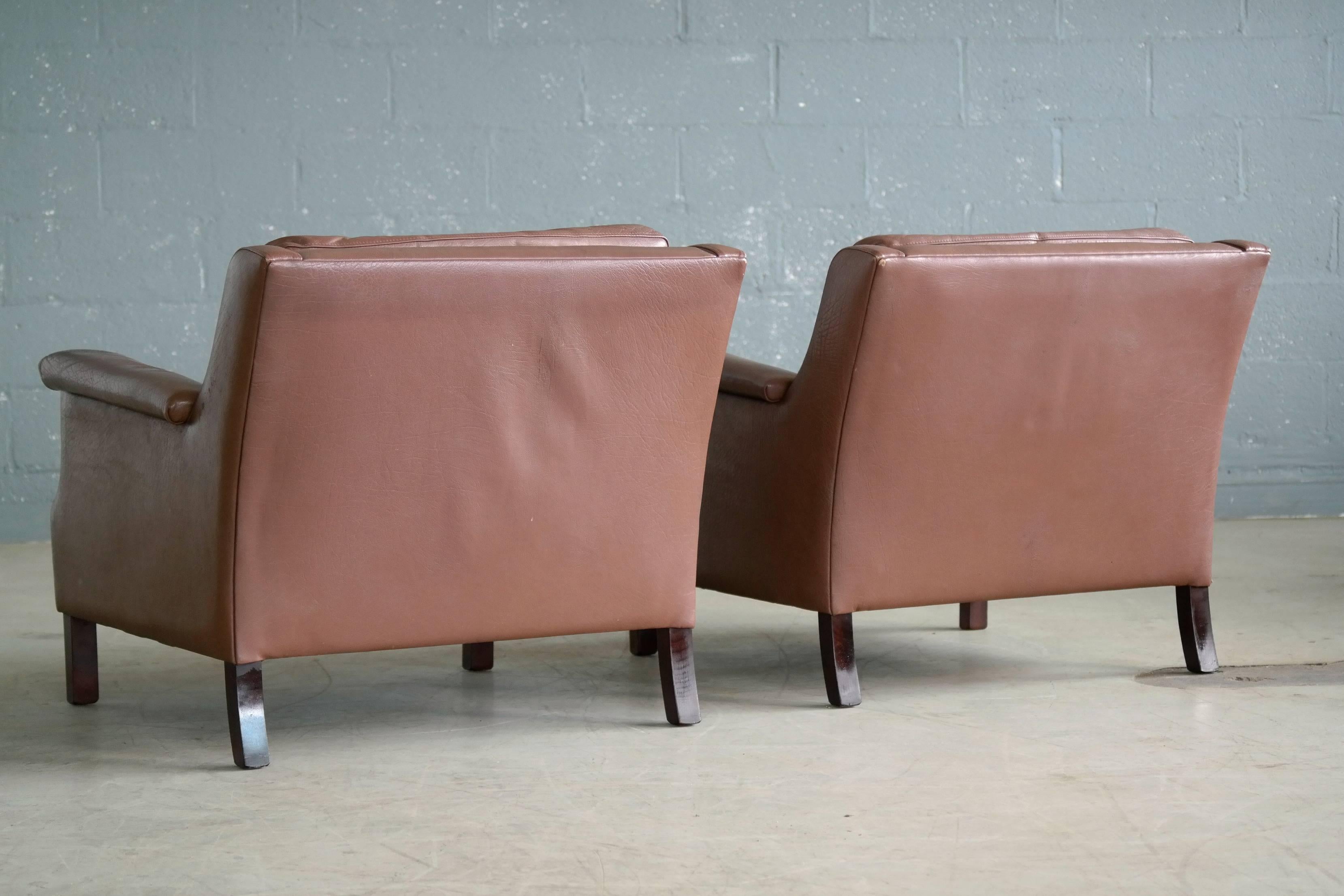 Pair of Danish Borge Mogensen Style Midcentury Easy Chairs in Brown Leather 3