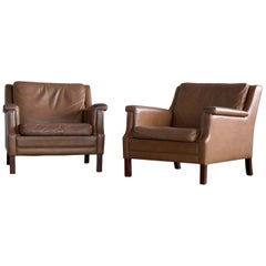Pair of Danish Borge Mogensen Style Midcentury Easy Chairs in Brown Leather