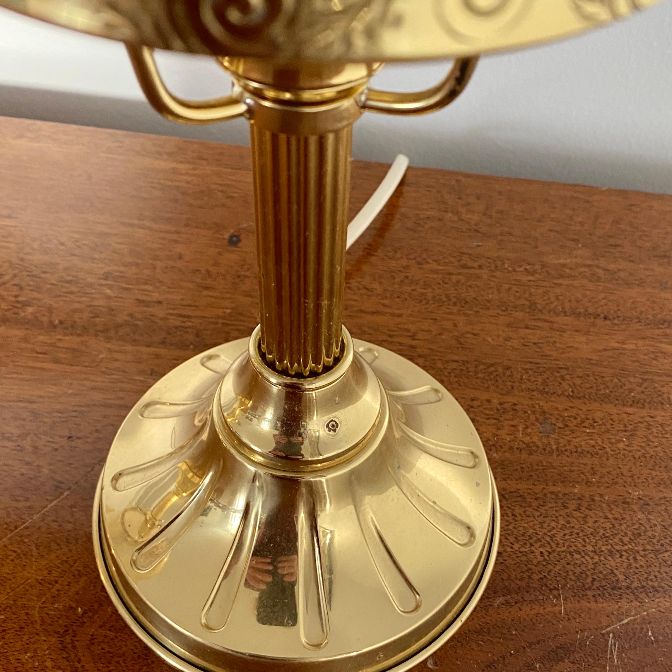 Pair of Danish Brass Table Lamps with Opaline Globes by Strinberg In Good Condition For Sale In Haddonfield, NJ