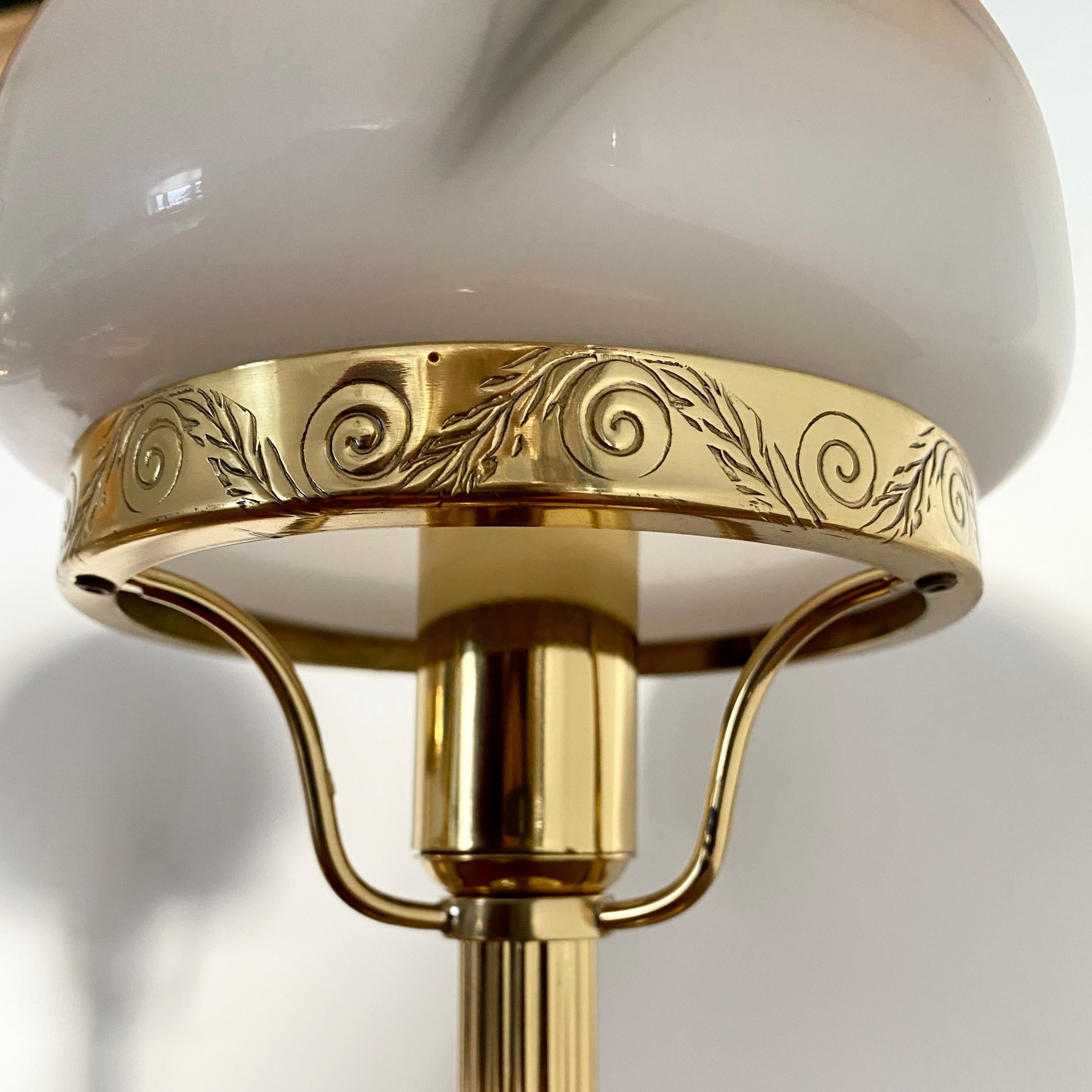 20th Century Pair of Danish Brass Table Lamps with Opaline Globes by Strinberg For Sale