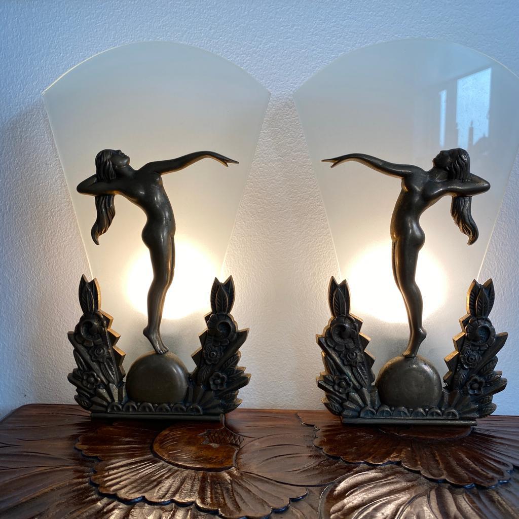 Cast Pair of Danish Bronze and Frosted Glass Art Deco Wall Scones For Sale