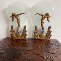 Pair of Danish Bronze and Frosted Glass Art Deco Wall Scones