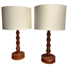 Pair of Danish Brutalist Wood Table Lamps, 1970s