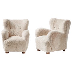 Pair of Danish Cabinetmaker 1940s Sheepskin Armchairs