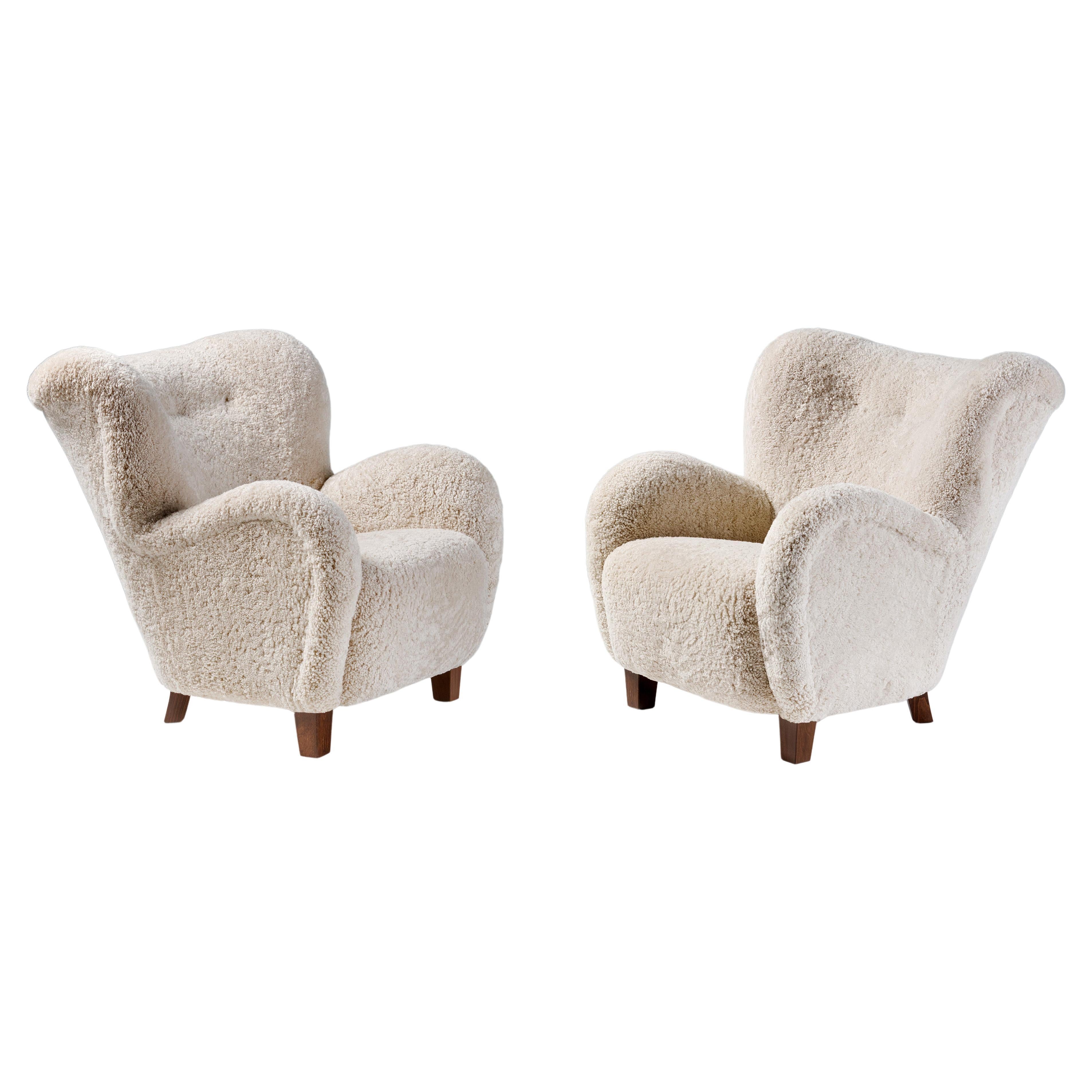 Pair of Danish Cabinetmaker 1940s Sheepskin Armchairs