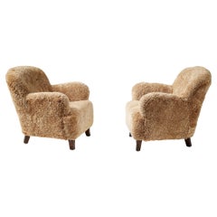Pair of Danish Cabinetmaker 1940s Sheepskin Lounge Chairs