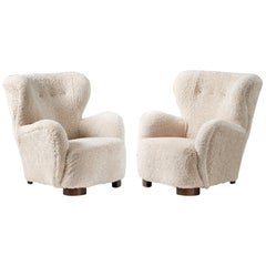 Pair of Danish Cabinetmaker 1950s Sheepskin Armchairs