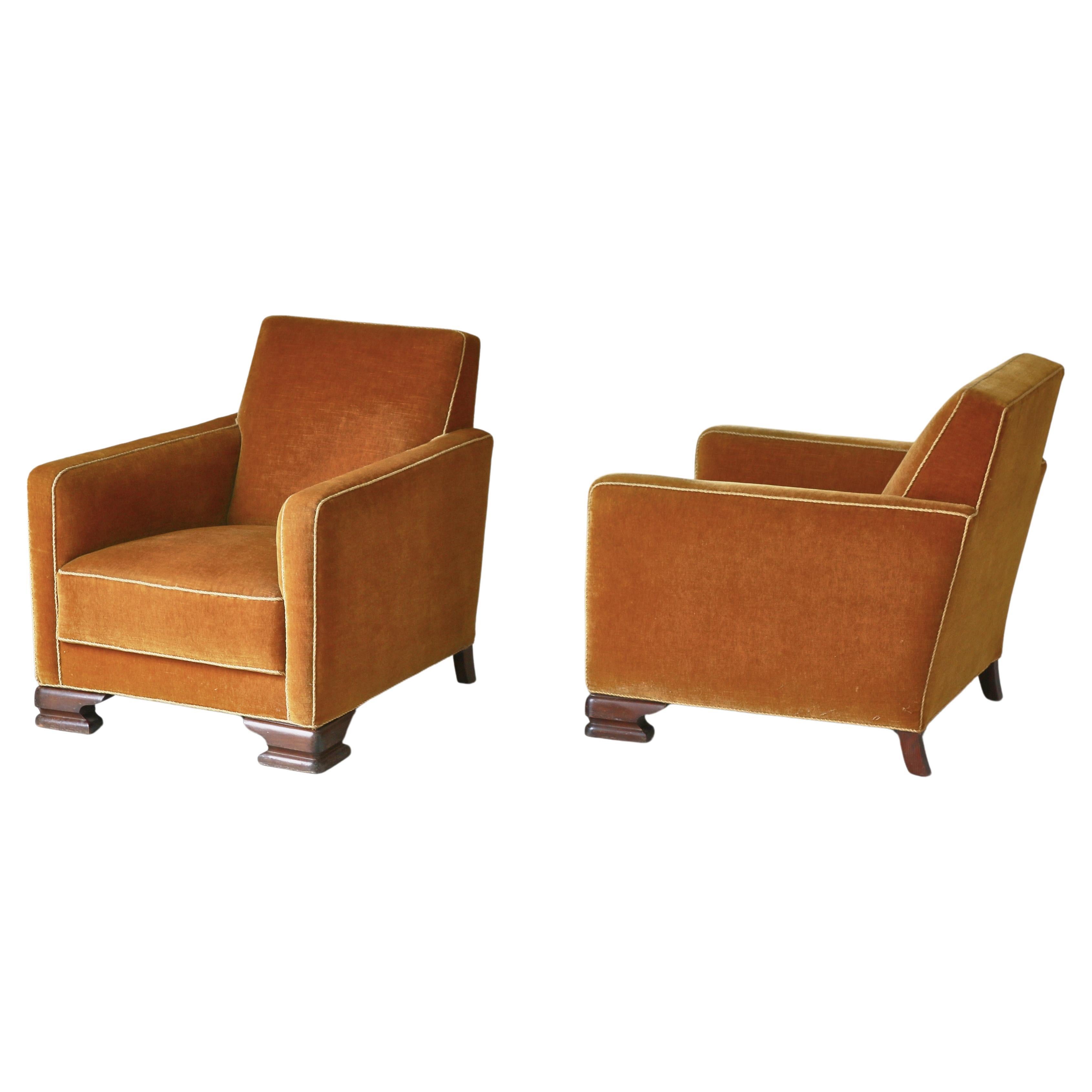 Pair of Danish Cabinetmaker Art Deco Lounge Chairs in Yellow Mohair, 1930s