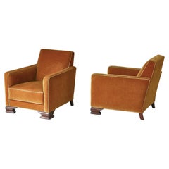 Vintage Pair of Danish Cabinetmaker Art Deco Lounge Chairs in Yellow Mohair, 1930s