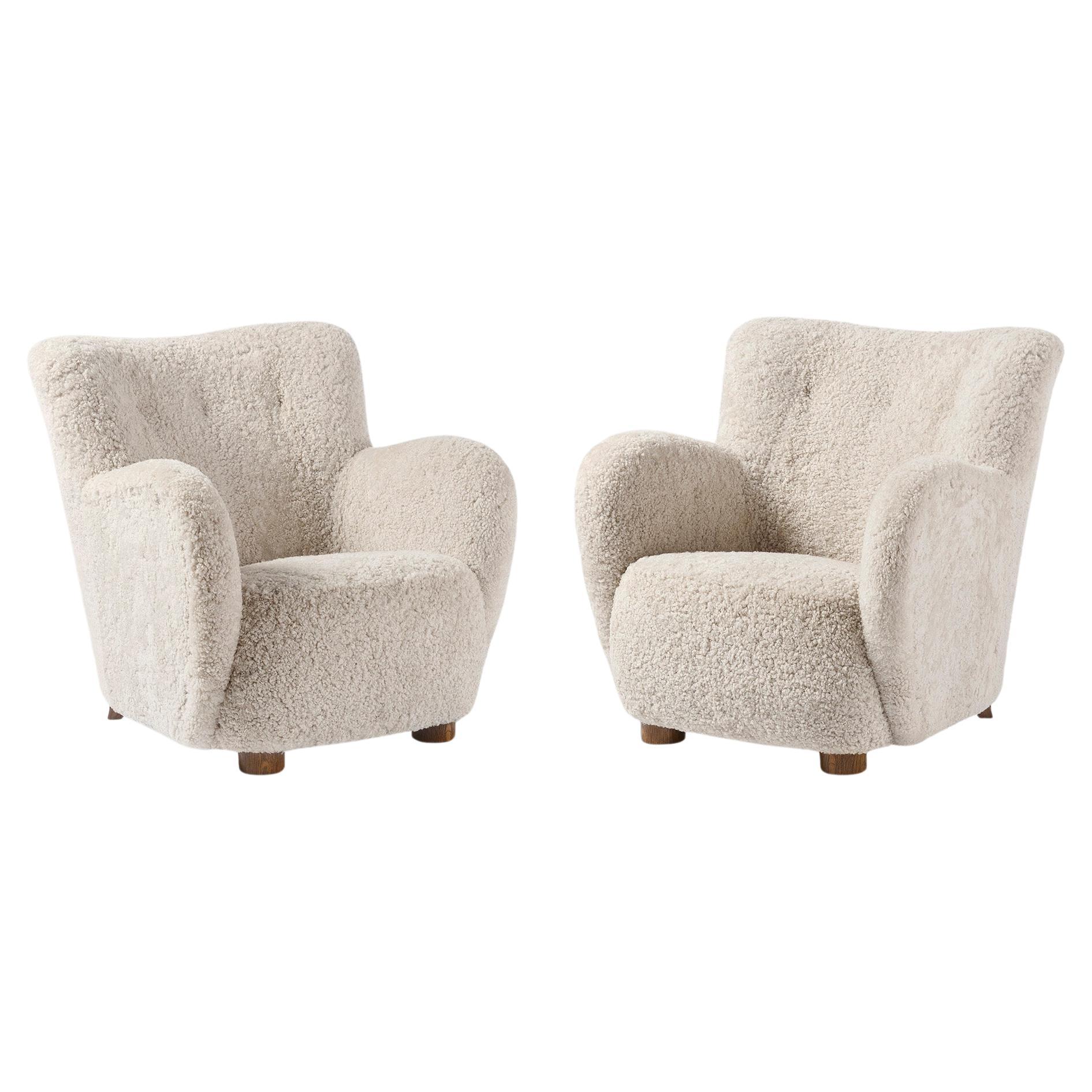 Pair of Danish Cabinetmaker Sheepskin Lounge Chairs c1940s