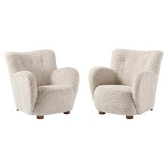 Pair of Danish Cabinetmaker Sheepskin Lounge Chairs c1940s