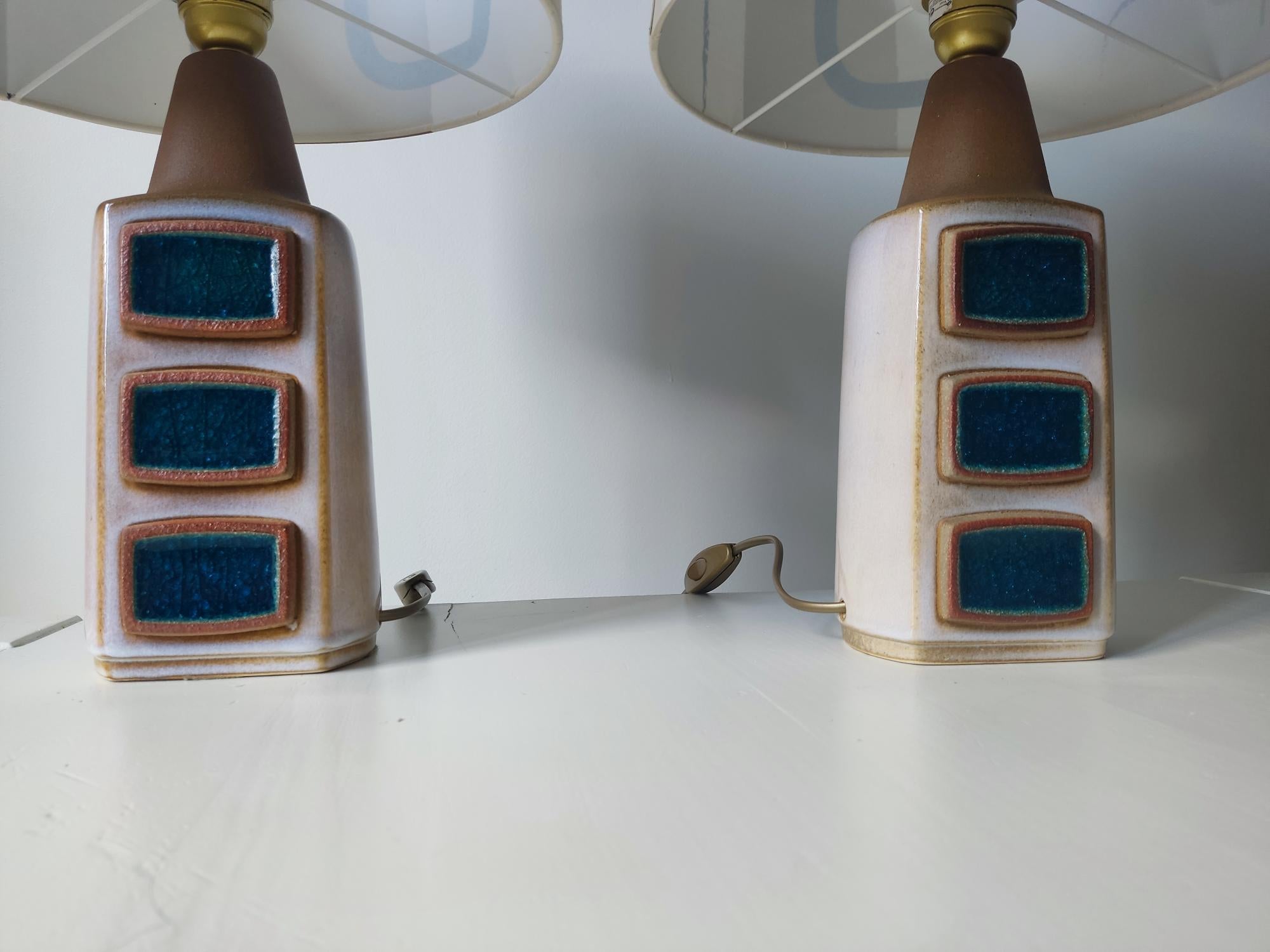 This beautiful pair is in excellent condition with no damage.

Made in Denmark, the base features a beautiful blue enamel over a pattern of three rectangles on the front and back, creating a contrast with the more brown surroundings.

The piece is