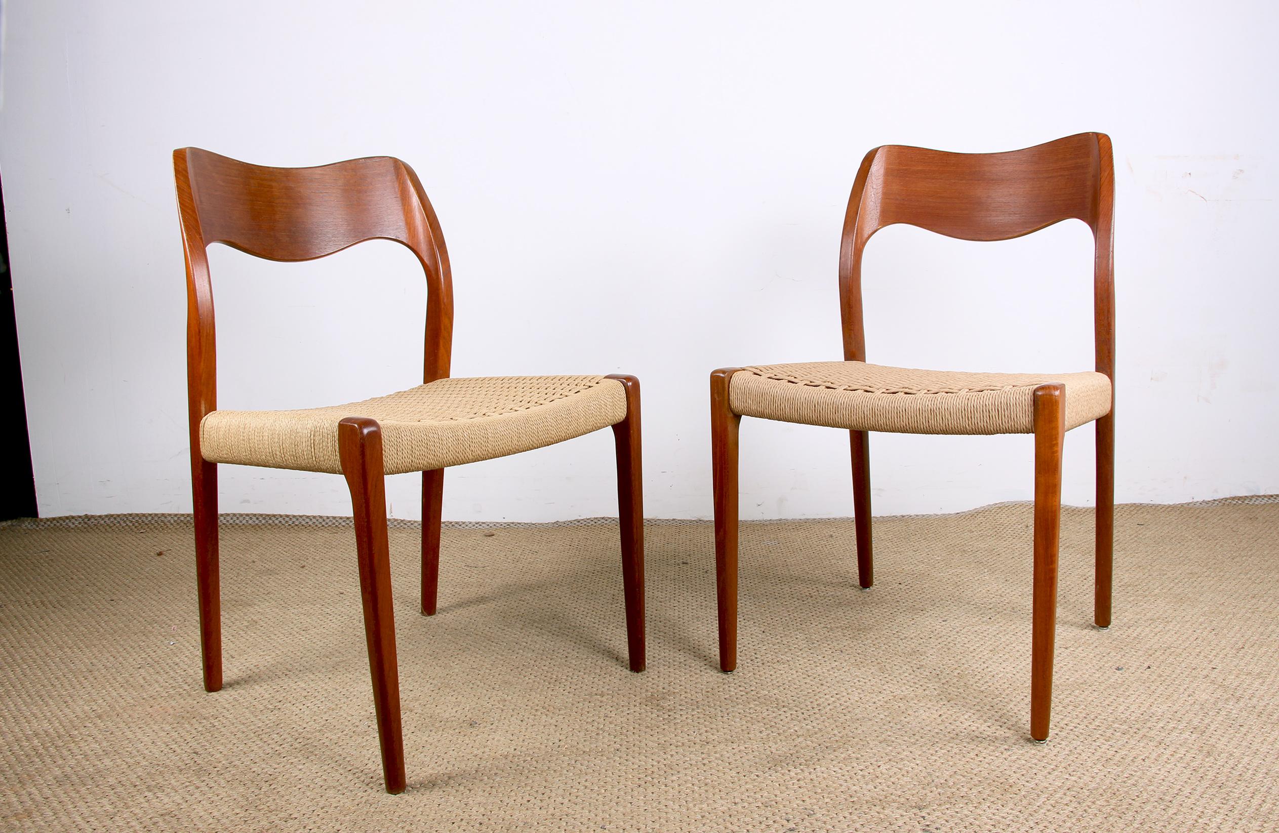 Pair of Danish chairs in Teak and new rope, model 71 by Niels Otto Moller 1960. 6