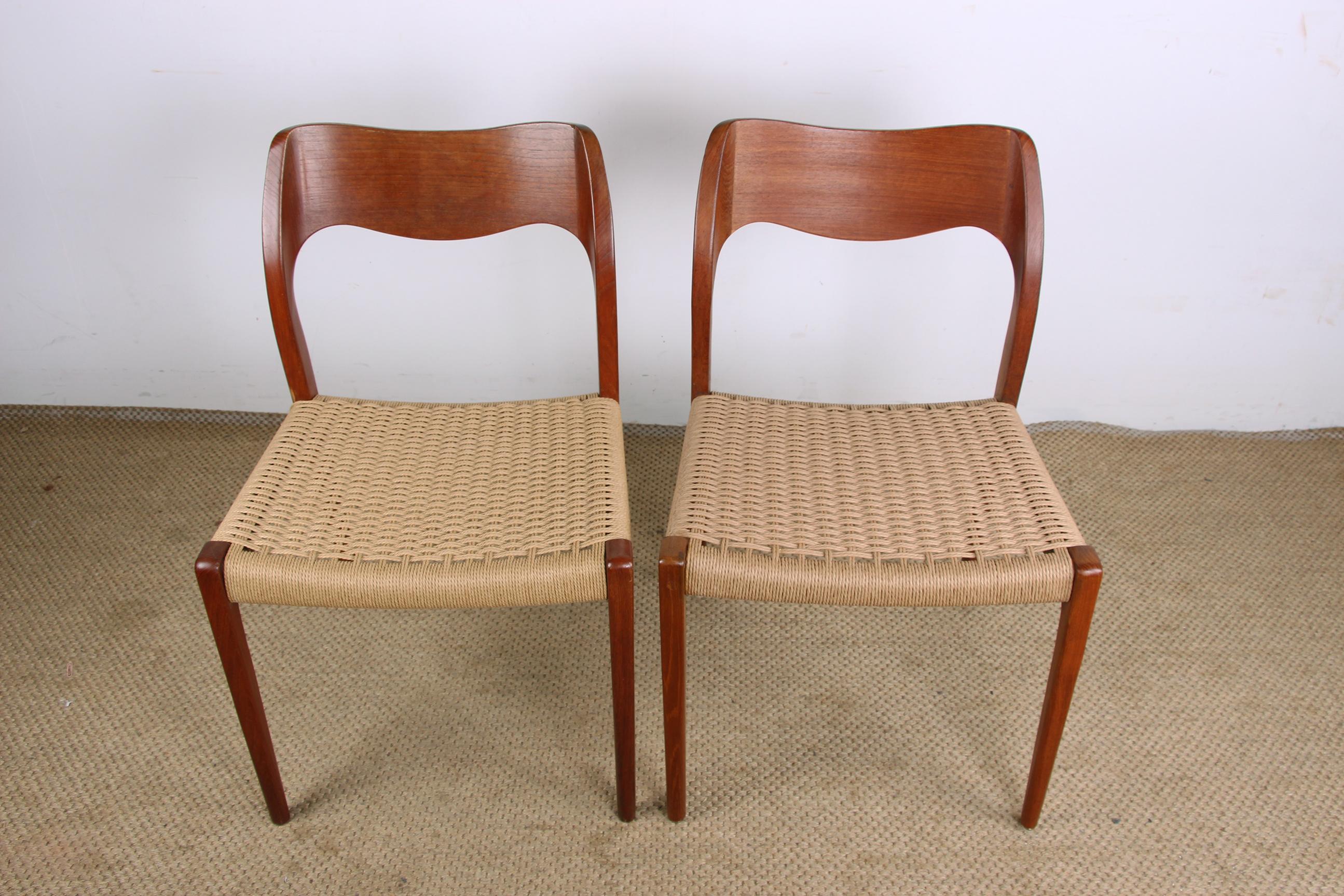 Scandinavian Modern Pair of Danish chairs in Teak and new rope, model 71 by Niels Otto Moller 1960.