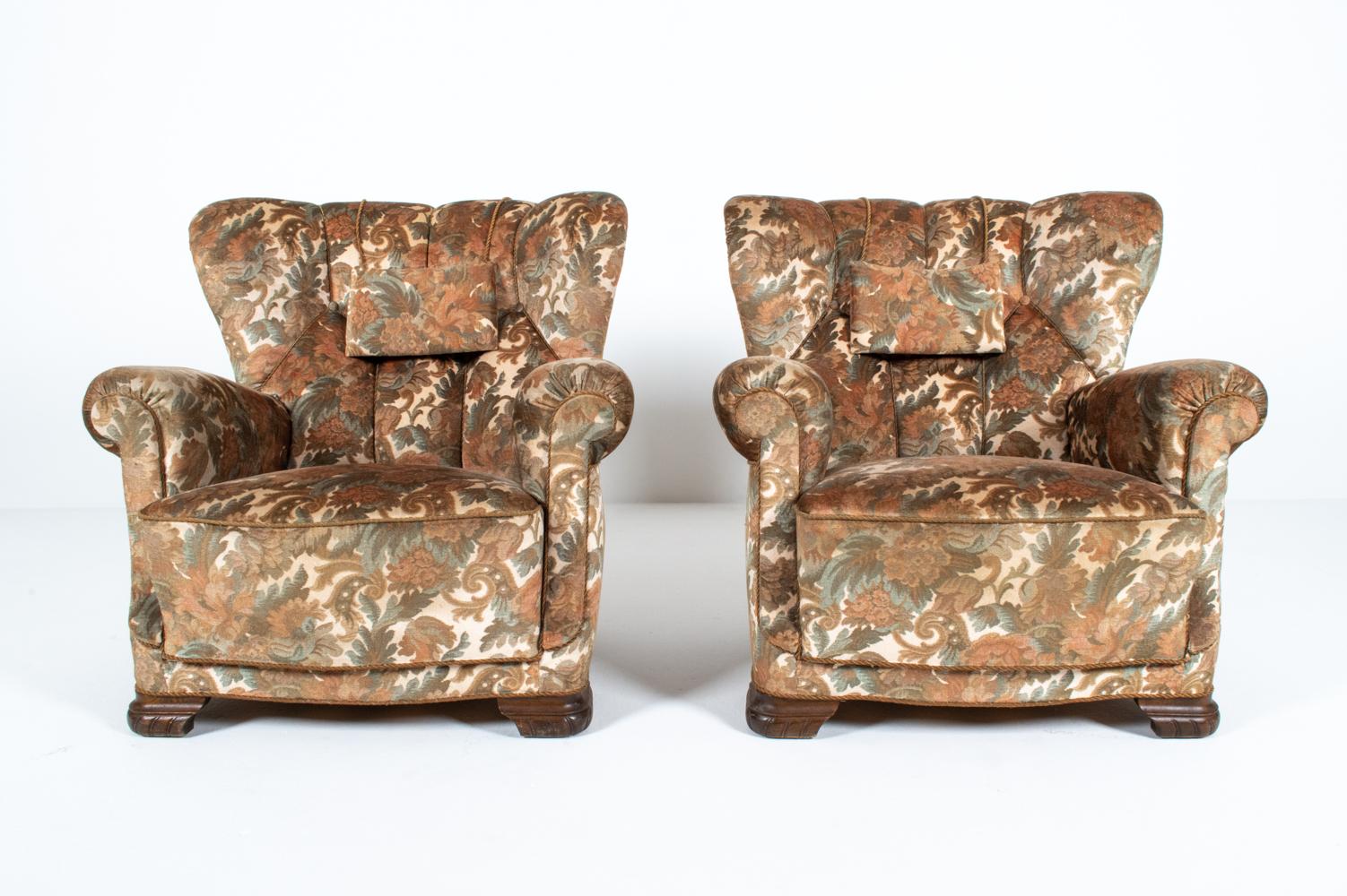 Oak Pair of Danish Channel-Back Club Chairs, c. 1940's For Sale