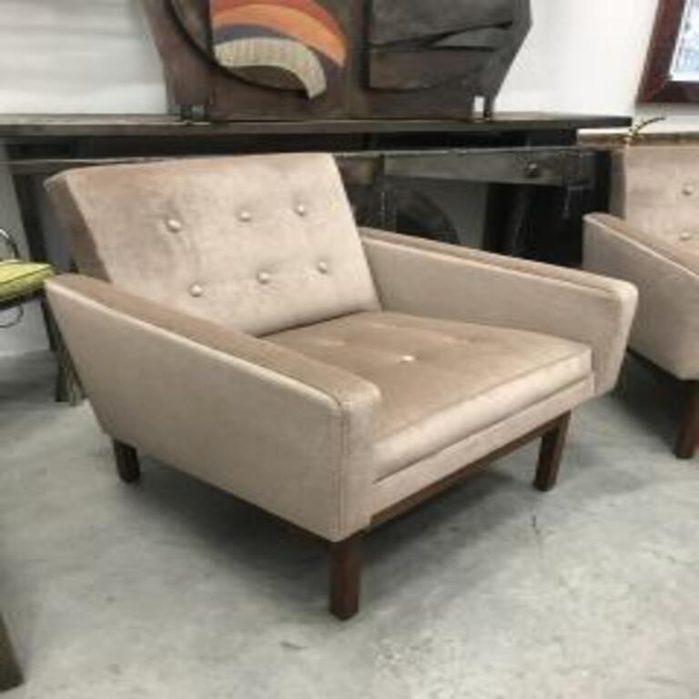 Pair of Danish arm chairs in excellent condition.Very stylish look with clean walnut bases. These chairs have been completely reupholstered by a professional in a light brown 'Mohair sand color