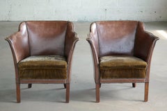 Pair of Danish Club Chairs in Brown Leather with Brass Tacks from 1930s-1940s