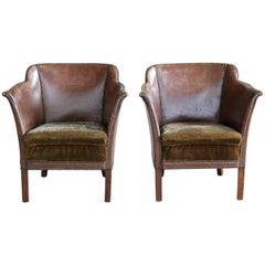 Pair of Danish Club Chairs in Brown Leather with Brass Tacks from 1930s-1940s