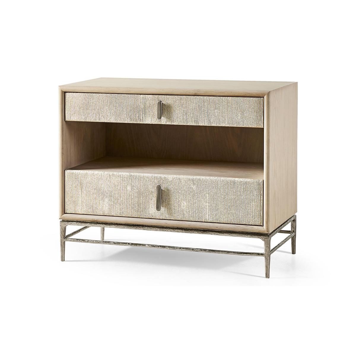 Danish cord nightstand, replete with two Danish cord-wrapped drawer fronts adding style to the classic tone and feel of contemporary vision without shortcuts. A cast stainless steel base and hand-cast vertical hardware are finished in elegant satin
