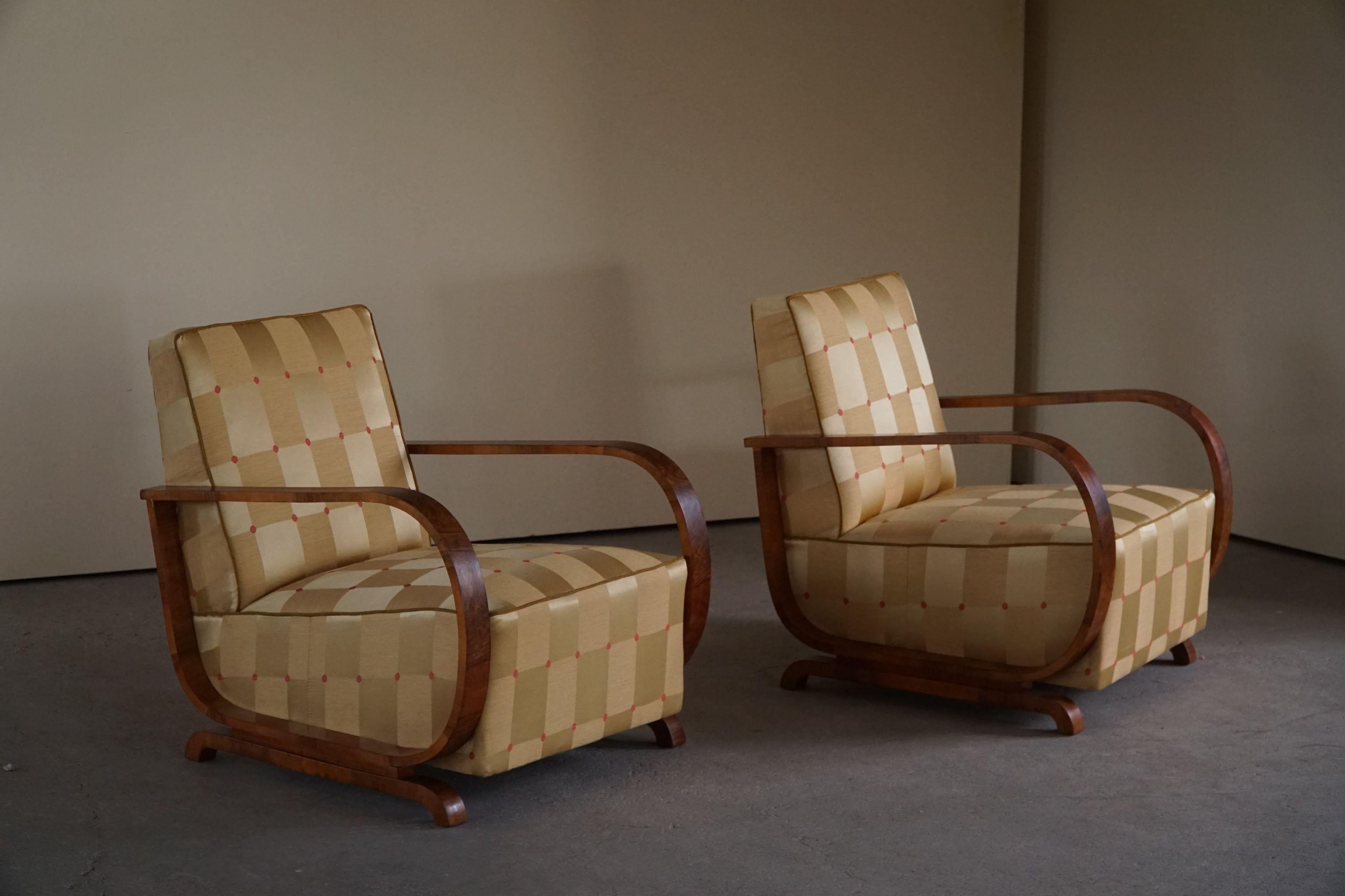 Pair of Danish Curved Art Deco Lounge Chairs, Armrest in Walnut, Made in 1930s 8